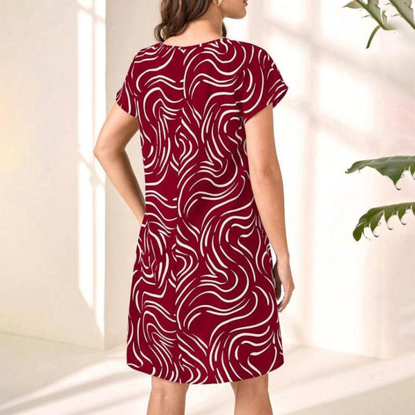 Diana Kleid | Elegant Modisches rotes Midi-kleid mit Rundhalsausschnitt und Streifendetail