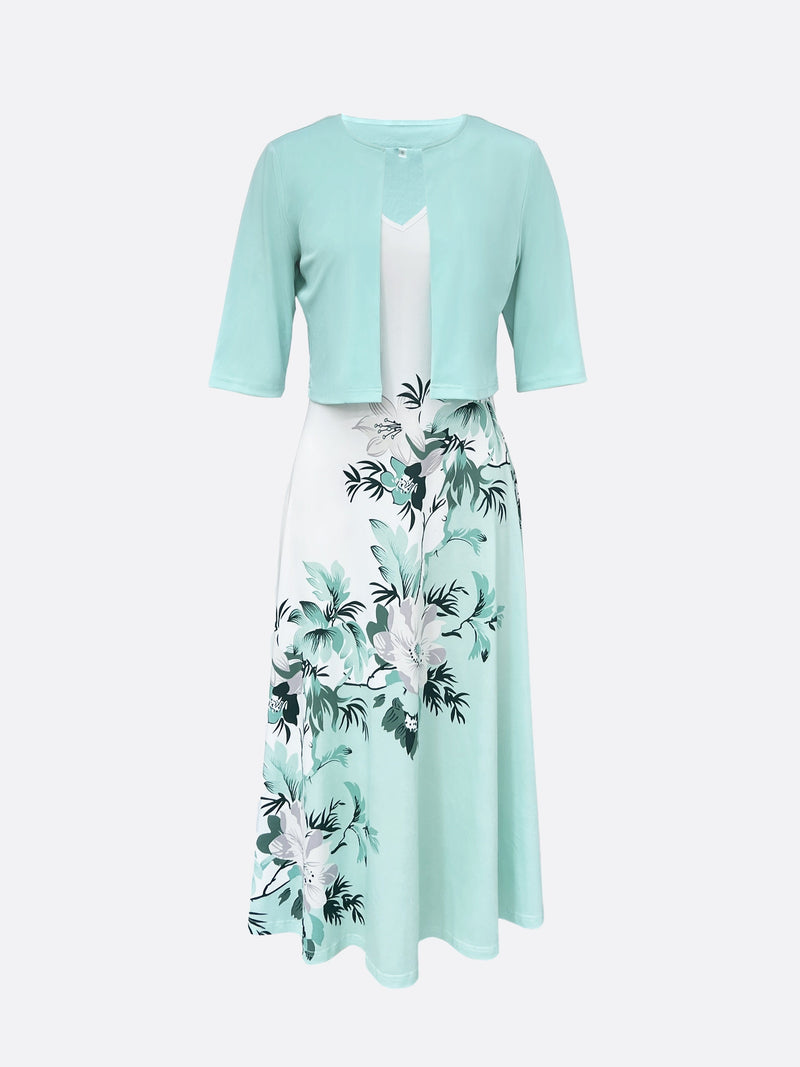 Elisabeth Kleid | Elegantes turquoise langes Blazer/Kleid-Set mit Blumenmuster