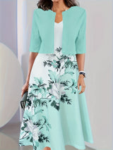 Elisabeth Kleid | Elegantes turquoise langes Blazer/Kleid-Set mit Blumenmuster