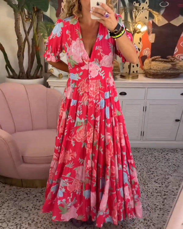Lucia Kleid | Trendiges langes Blumenkleid mit V-Ausschnitt und kurzen Ärmeln für Damen