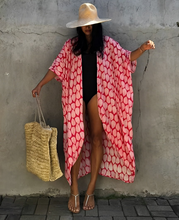 Annika Retro Kimono | Langer, gemusterter Strandkimono mit Gürtel für Damen
