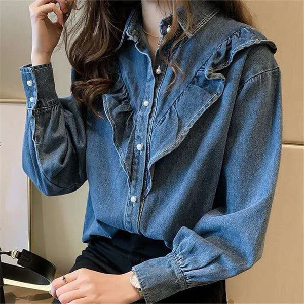 Rüschen-Denim-Bluse | Moderne Damen-Denim-Bluse