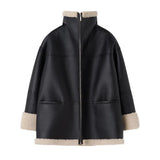 Zaria Jacket | Eleganter Übergroße, mit Fleece gefütterte Damenjacke aus Faud-Leder