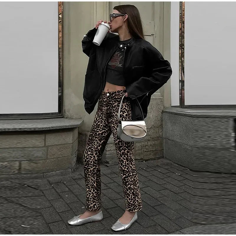 Rosa Leopard-Print-Jeans | Stylische schmale Streetwear Damenhose im Pencil-Stil