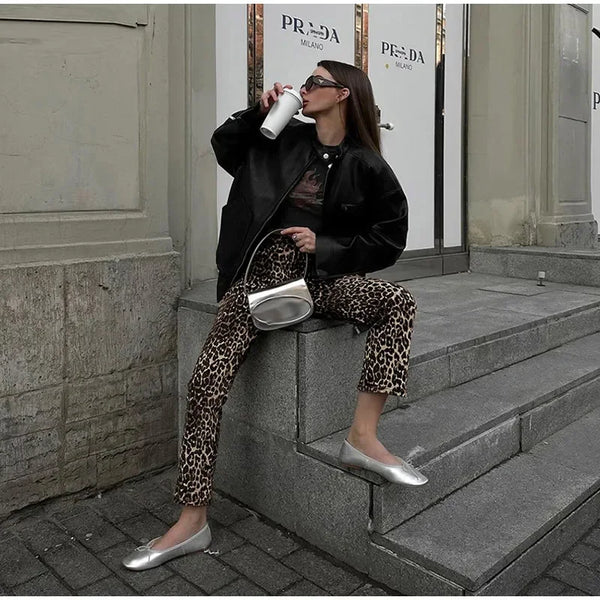 Rosa Leopard-Print-Jeans | Stylische schmale Streetwear Damenhose im Pencil-Stil