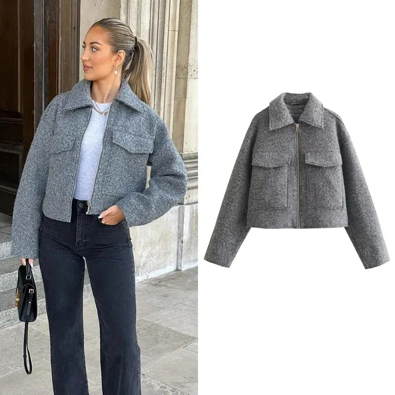 Zaria Tweed Jacket | Trendige, elegante kurze Frühlingsjacke mit Reißverschluss und umgeschlagenem Kragen für Damen