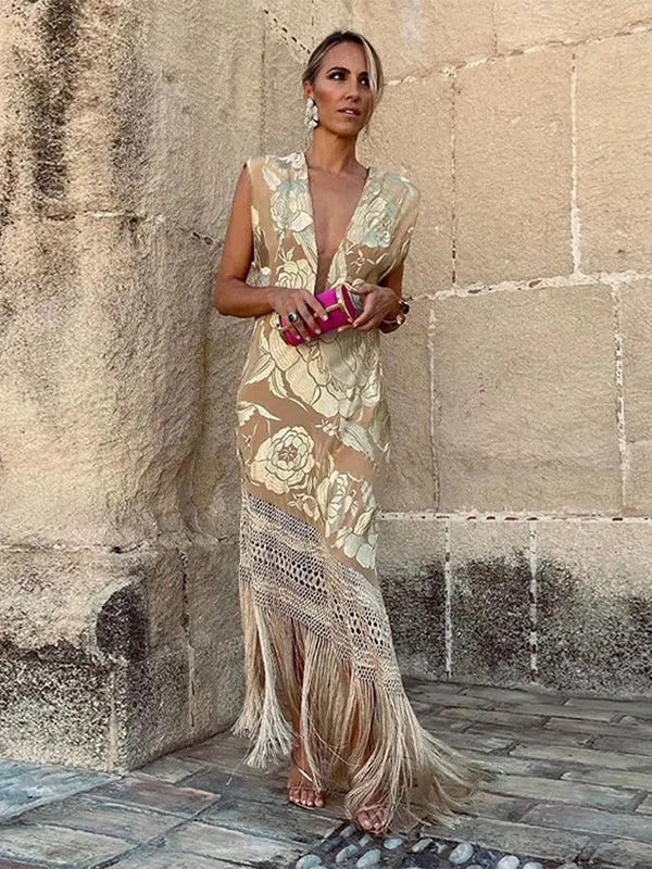 Fabienne Kleid | Luxuriöses, elegantes ärmelloses langes Kleid mit goldfarbenem Blumenmuster