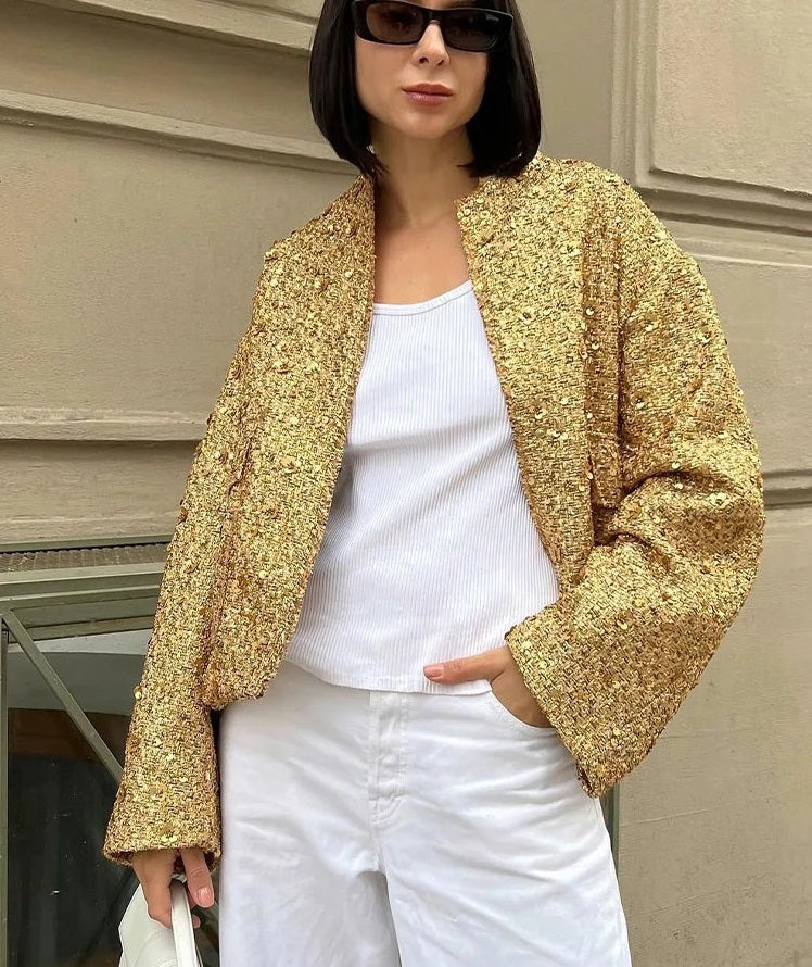 Isabella Jacke | Schicker, übergroßer Mantel mit goldfarbenen Pailletten.