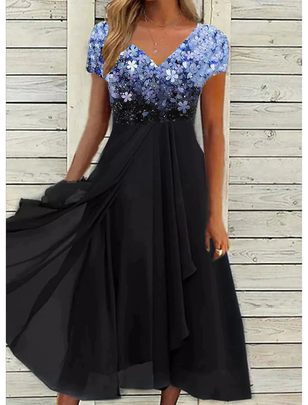 Sara Midi-Kleid | Florales Sommerkleid mit V-Ausschnitt und kurzen Ärmeln
