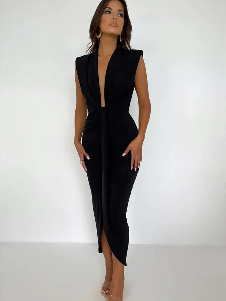 Kiki Maxi-Kleid | Schickes ärmelloses NYE Partykleid mit elegantem V-Ausschnitt für Frauen