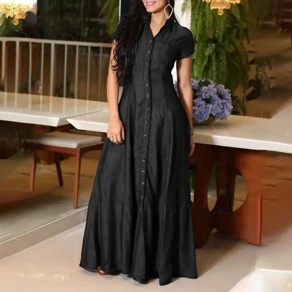 Niki Kleid | Stilvolles langes Denim-Look Kleid mit Knöpfen und umgeschlagenem Kragen für Damen