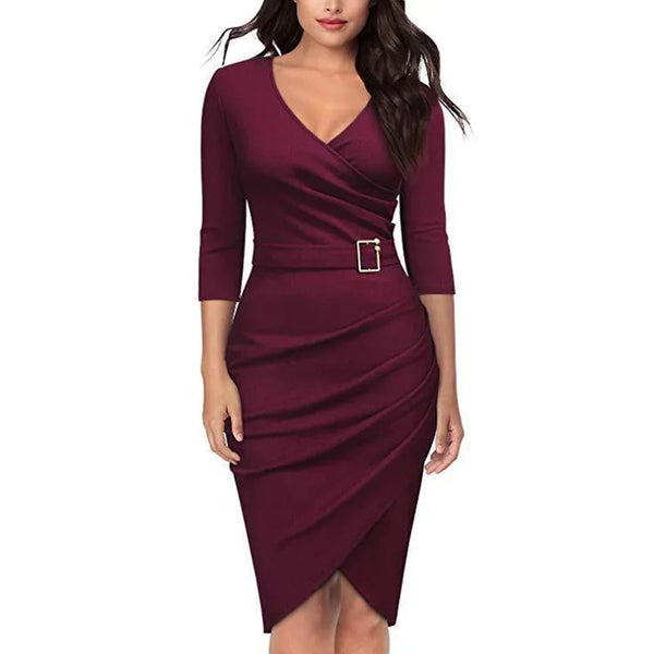 Mulberry Kleid | Stilvolles Kleid mit V-Ausschnitt, hoher Taille, Gürtel und 3/4-Ärmeln für Damen, geeignet für Büro oder Partys