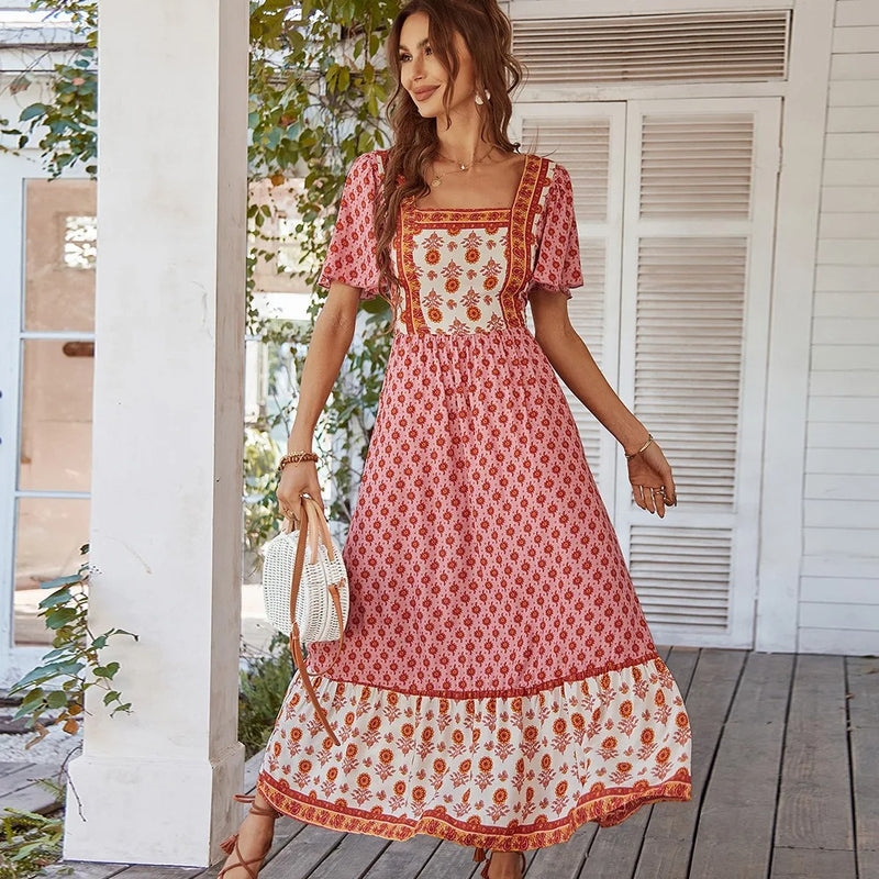 Takara Kleid | Stilvolles langes Vintage-Blumenkleid mit eckigem Kragen im BOHO-Stil für Damen