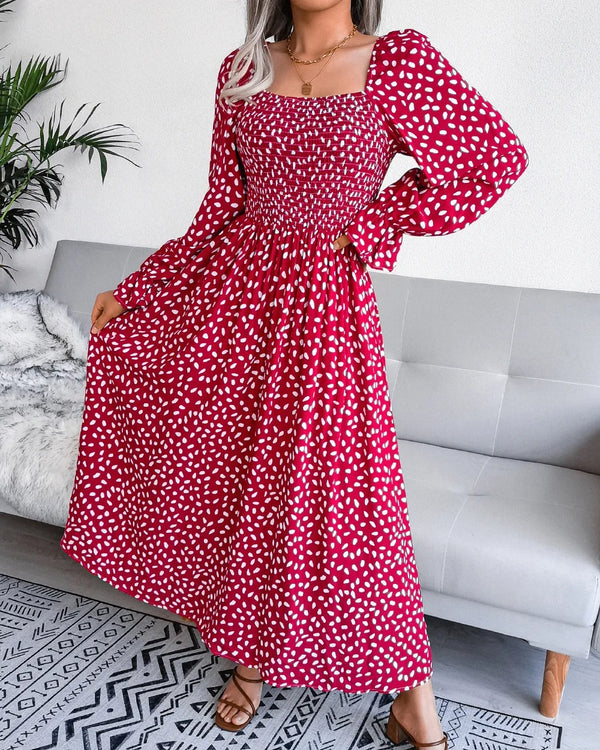 Romara Kleid | Stilvolles Sommerkleid mit Polka-Dot-Muster, schwungvollem Saum und langen Ärmeln