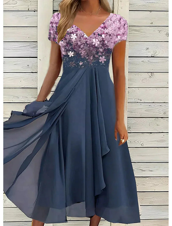 Sara Midi-Kleid | Florales Sommerkleid mit V-Ausschnitt und kurzen Ärmeln