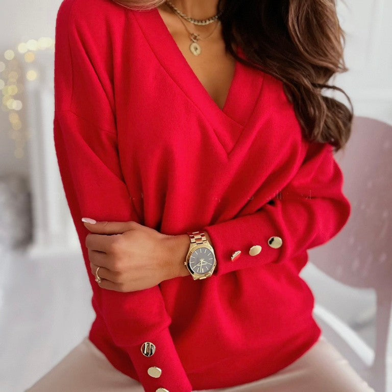 Ralph Sweater | Eleganter Damenpullover mit V-Ausschnitt und Goldknöpfen