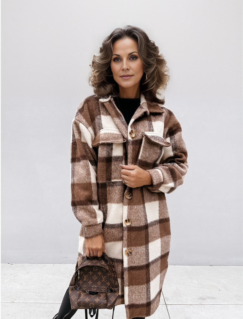 Doris Jacke | Luxuriöse Lange Wolljacke mit Karomuster für Frauen